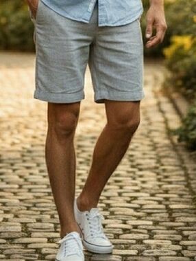 J Crew Men's Linen Cotton Beach Shorts Size 34 Navy Flat Front Inseam 8.5